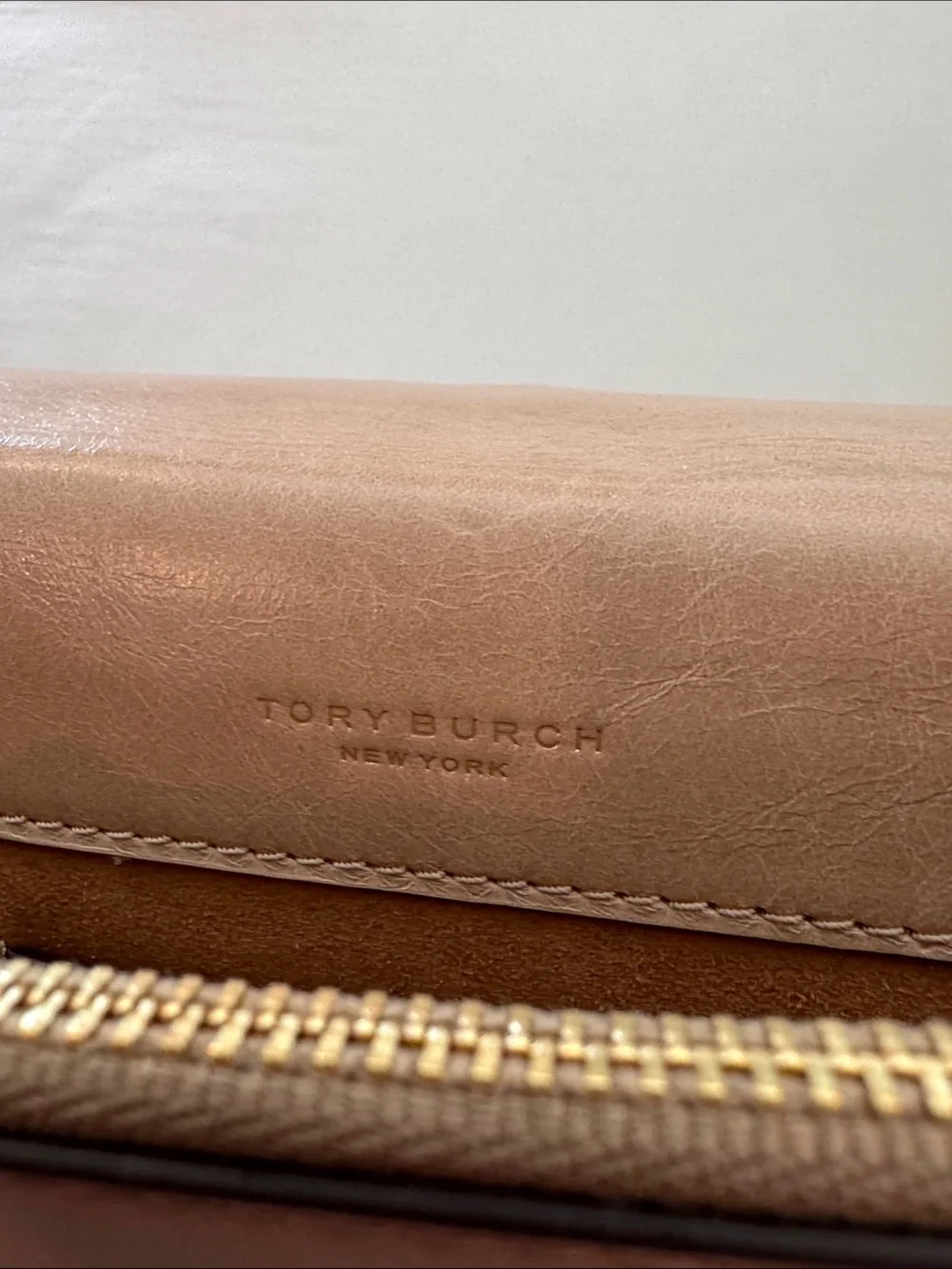 Tory Burch Taupe Miller Leather Bag with Gold Logo